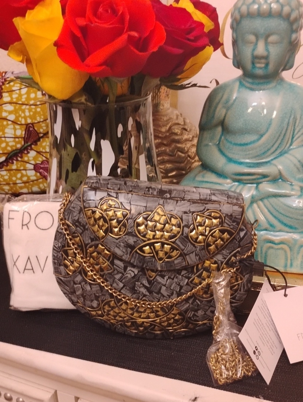 Gray & Gold Mosaic Tile  Crossbody Bag with Chain Strap